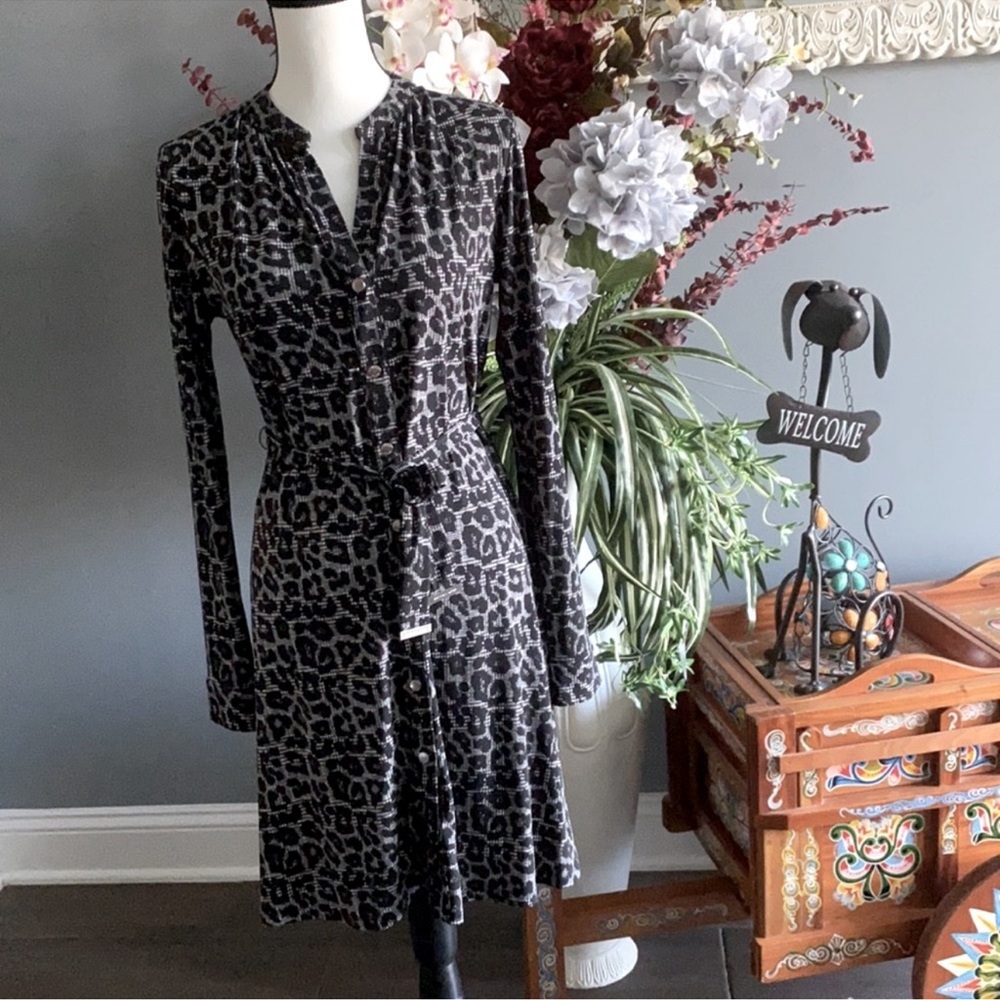 Michael Kors Button Down Leopard Print Dress with belt